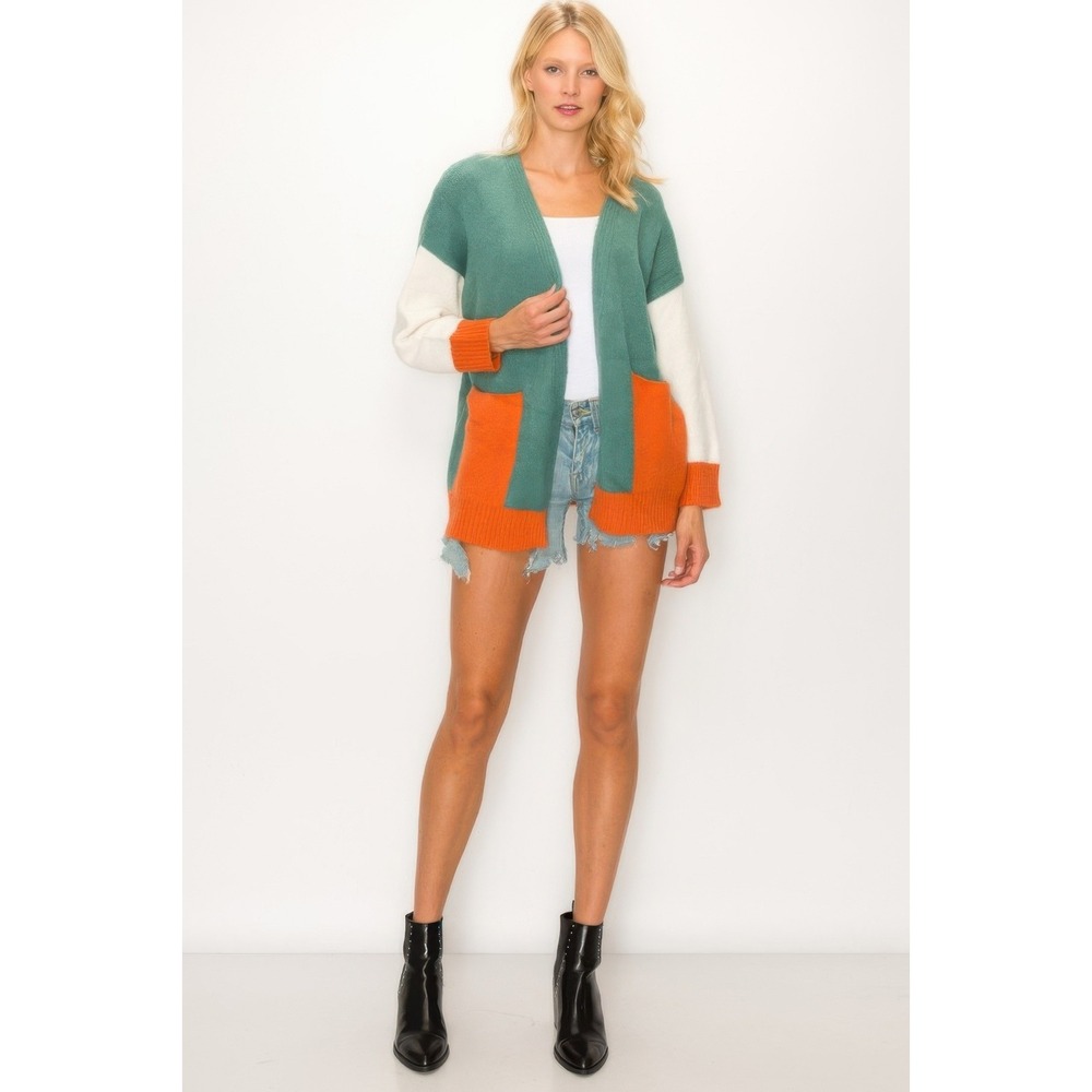 Colorblock Cardigan Women OS Green Cream Orange Knit Pocket